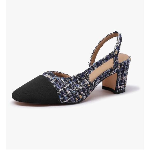 Luxmuwa Shoes - Tweed Chunky Heel Size 10 Cap Toe Slingbacks Office Dress Shoes Preppy Classic